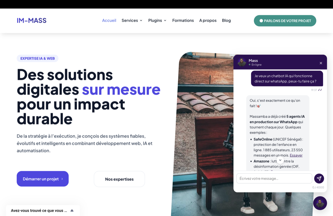 Un assistant IA répond à un visiteur en direct sur un site WordPress.